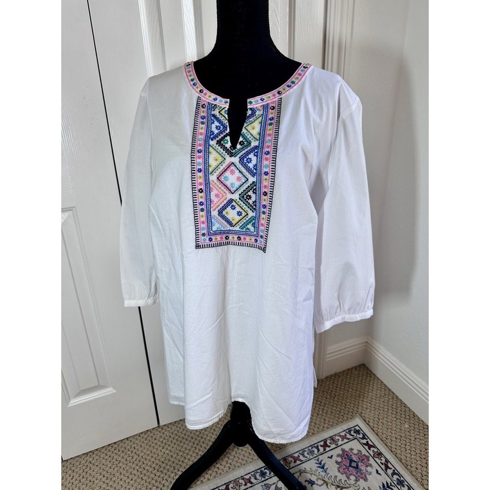 Talbots Blouse Womens White Embroidered Beaded 3/4 Sleeve Cotton Lined 2X